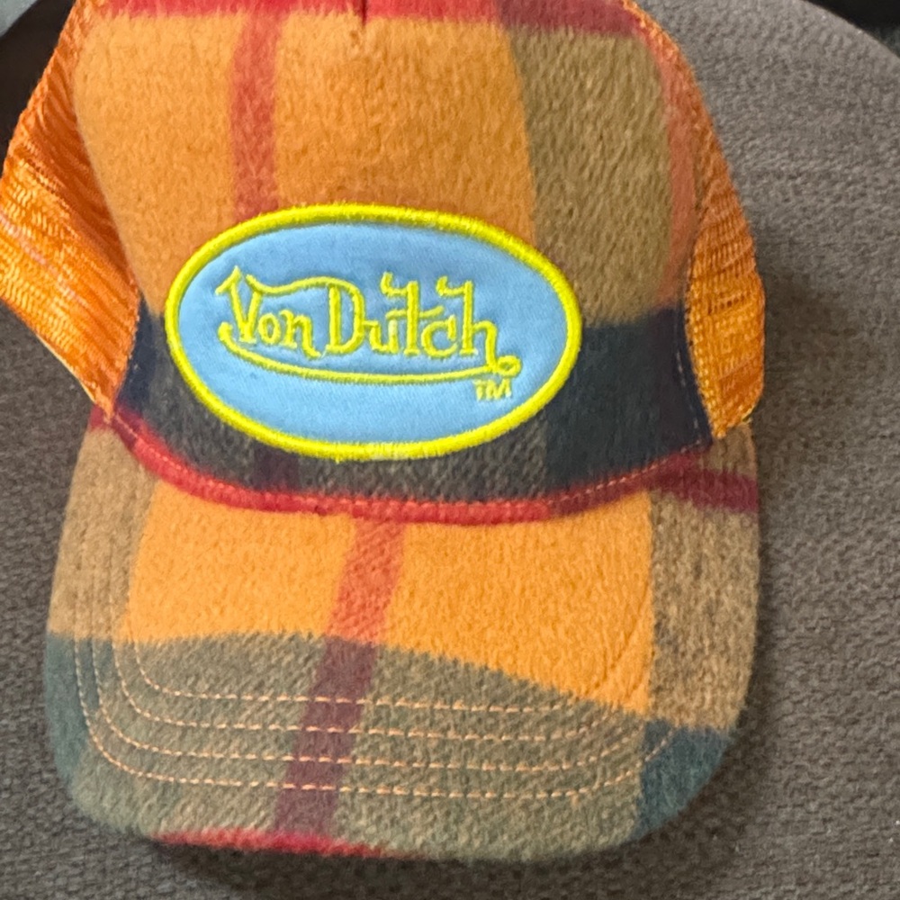 Von Dutch Orange Plaid Cap with Blue Patch
